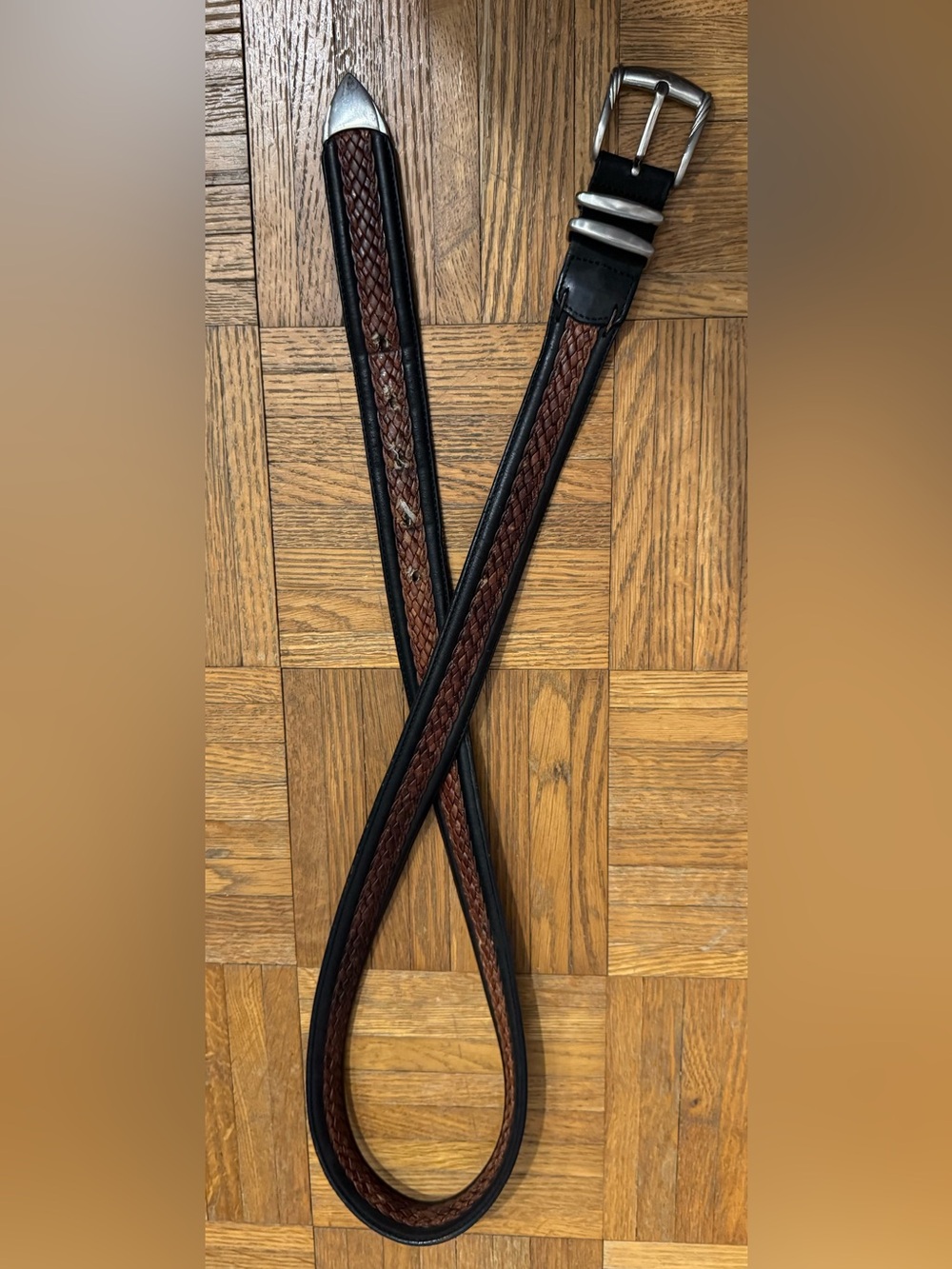 Braided Weave Brown & Black Leather Belt With Solid Brass Buckle